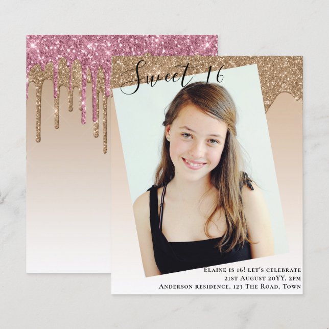 BUDGET Sweet 16 PHOTO Driping Glitter Convite (Frente/Verso)