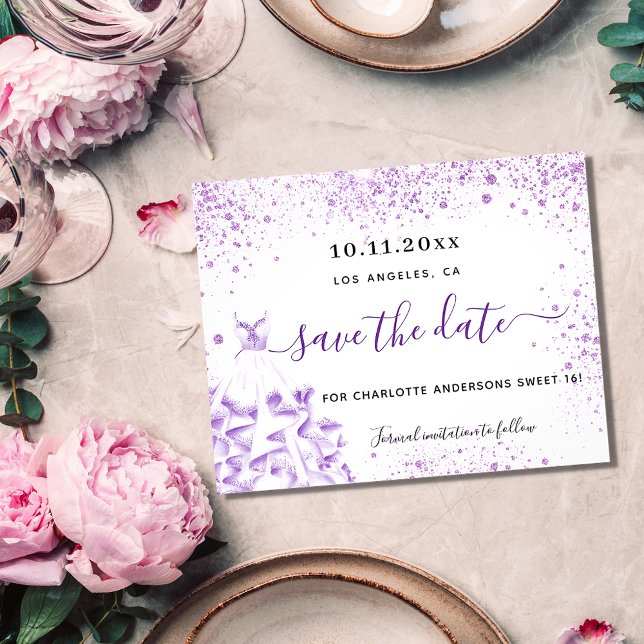 Budget Sweet 16 white violet dress save the date (Criador carregado)