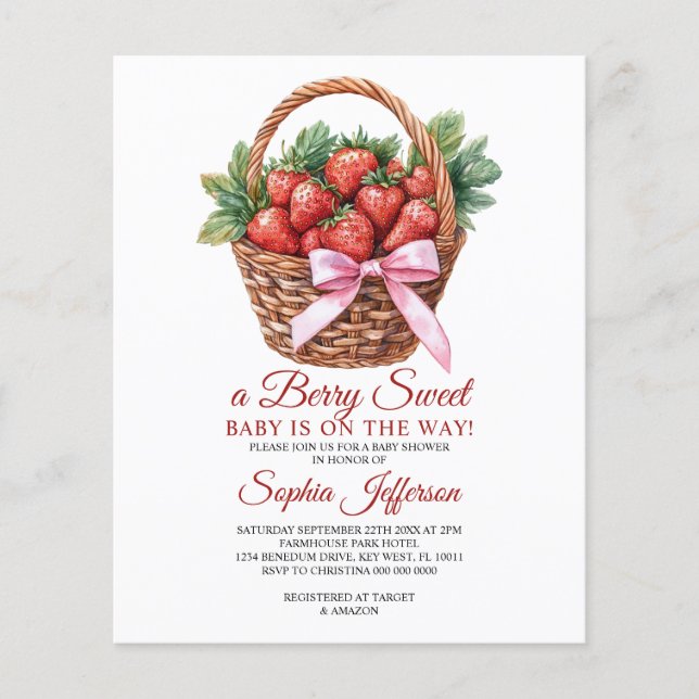 Budget Sweet Strawberry Baby Shower Invitation (Frente)