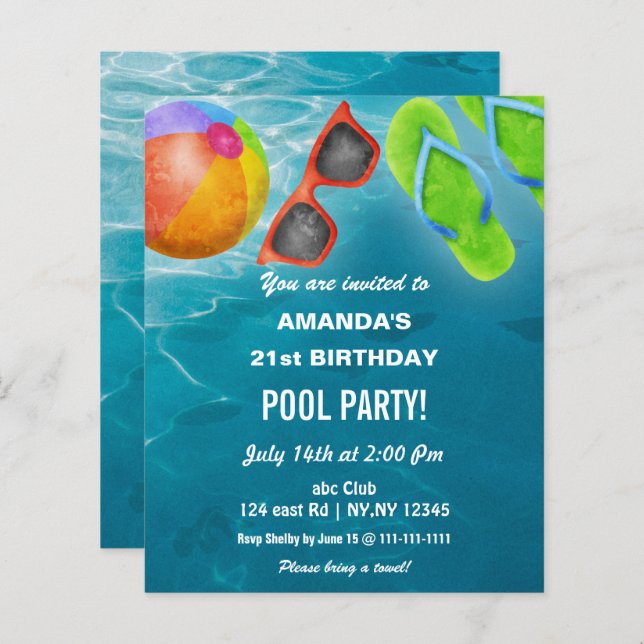 Budget Swimming Pool Party Birthday Invitation (Frente/Verso)