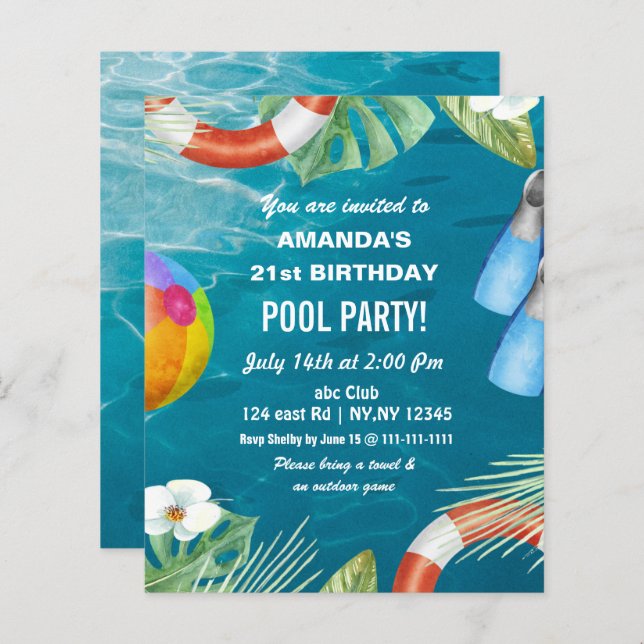 Budget Swimming Pool Party Birthday Invitation (Frente/Verso)