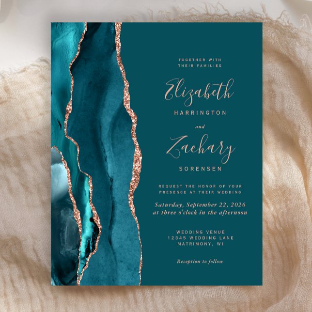 Budget Teal Agate Rose Gold Wedding Invitation (Criador carregado)