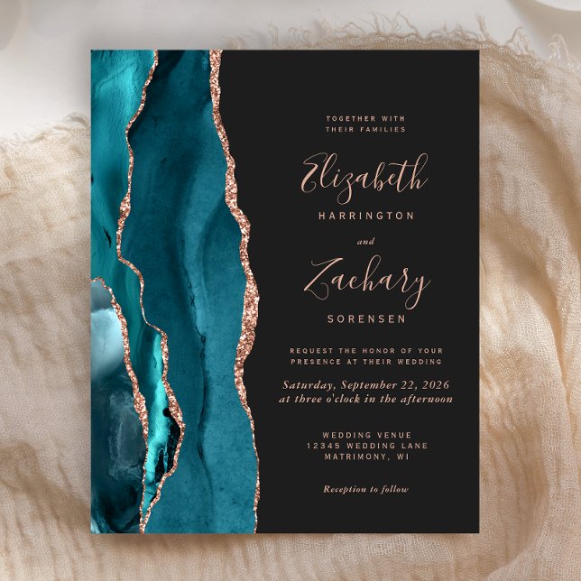 Budget Teal Agate Rose Gold Wedding Invitation (Criador carregado)