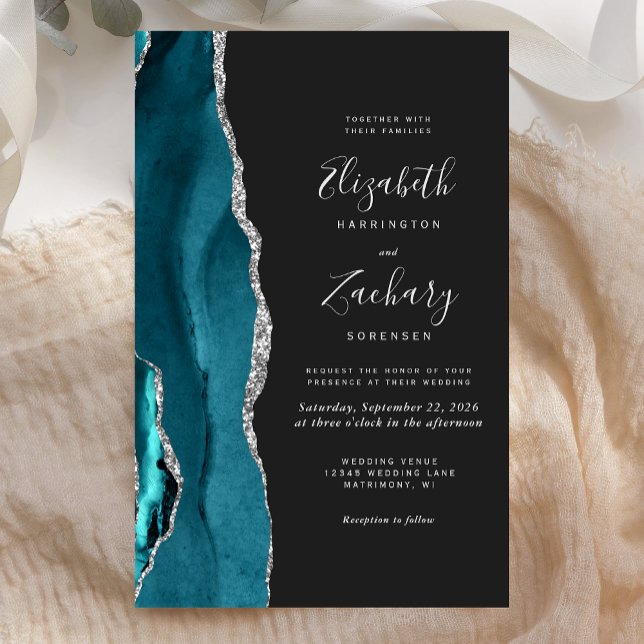 Budget Teal Blue Silver Agate Dark Wedding Invite (Criador carregado)