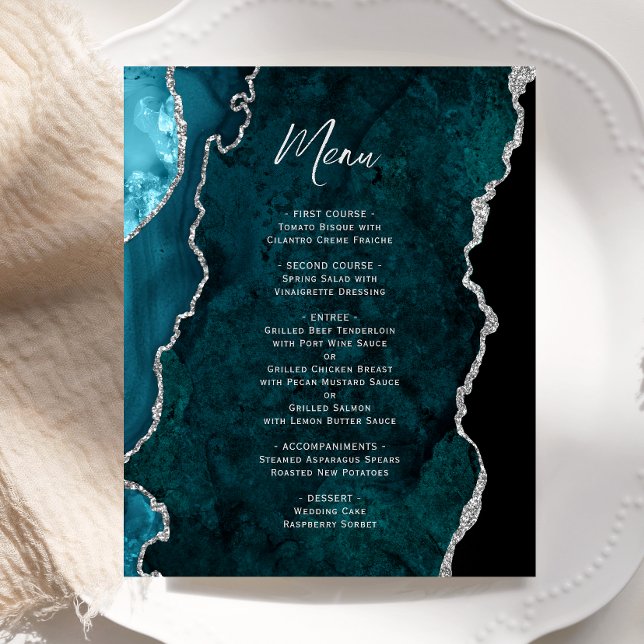 Budget Teal Blue Silver Agate Wedding Menu (Criador carregado)