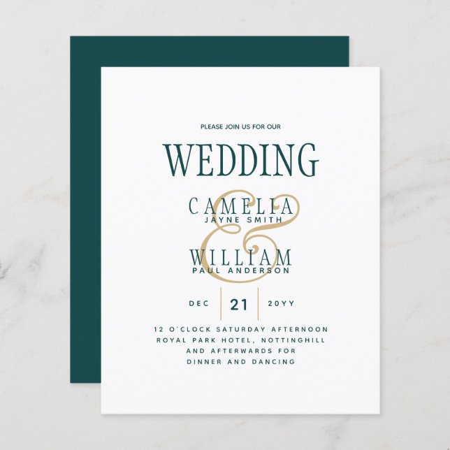 BUDGET TEAL Casamento Monocromático Verde Dourado (Frente/Verso)
