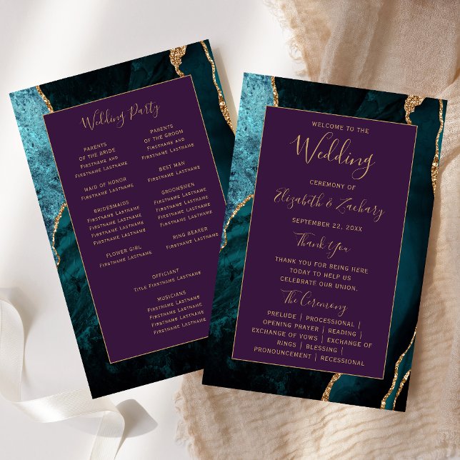 Budget Teal Gold Agate Purple Wedding Program (Criador carregado)