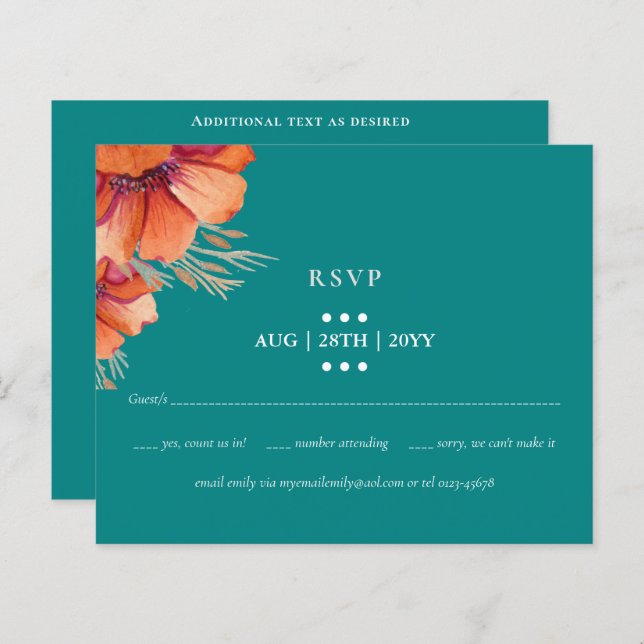 BUDGET Teal Orange Floral Weding RSVP (Frente/Verso)