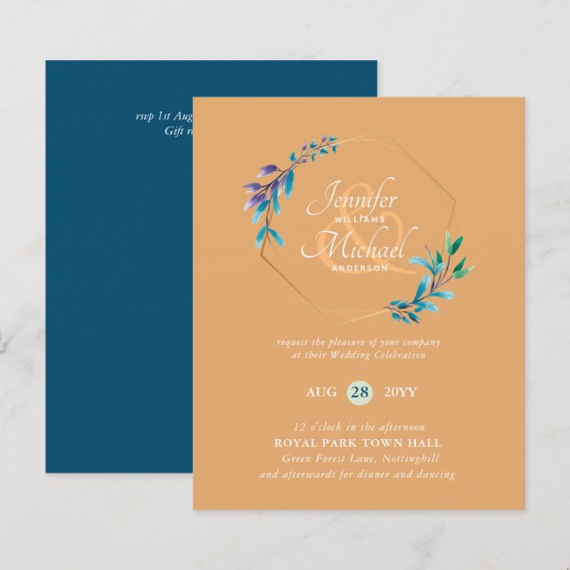 BUDGET Teal Purple Dourado Wreath Convites (Frente/Verso)