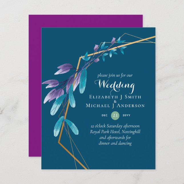 BUDGET Teal Purple Dourado Wreath Convites (Frente/Verso)