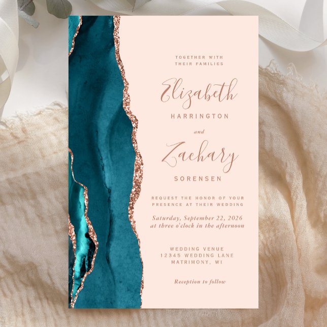 Budget Teal Rose Gold Agate Wedding Invitation (Criador carregado)