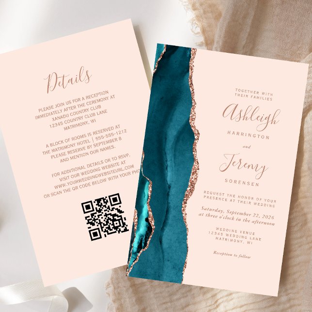 Budget Teal Rose Gold Blush QR Code Wedding Invite (Criador carregado)