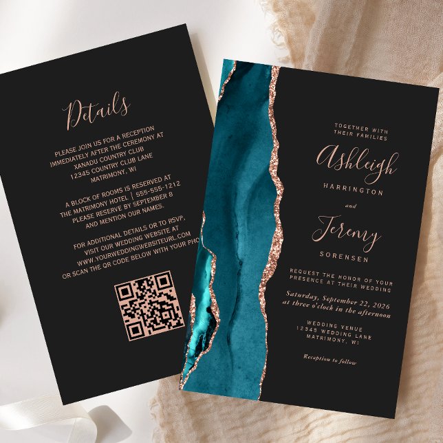 Budget Teal Rose Gold Dark QR Code Wedding Invite (Criador carregado)