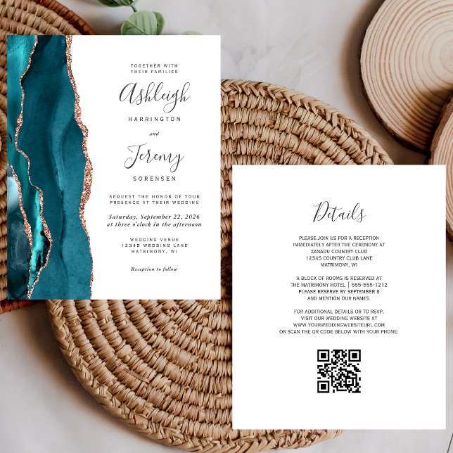 Budget Teal Rose Gold QR Code Wedding Invitation (Criador carregado)