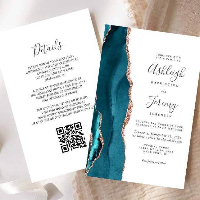 Budget Teal Rose Gold QR Code Wedding Invitation (Criador carregado)