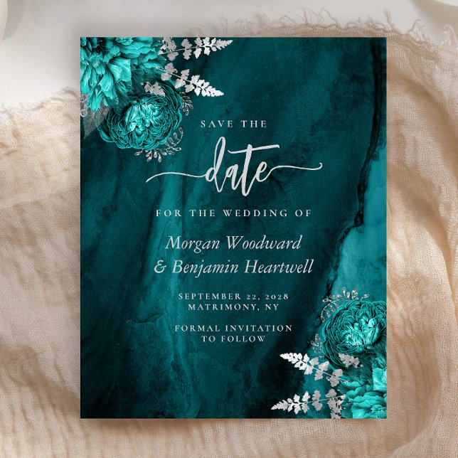 Budget Teal Silver Floral Wedding Save the Date (Criador carregado)