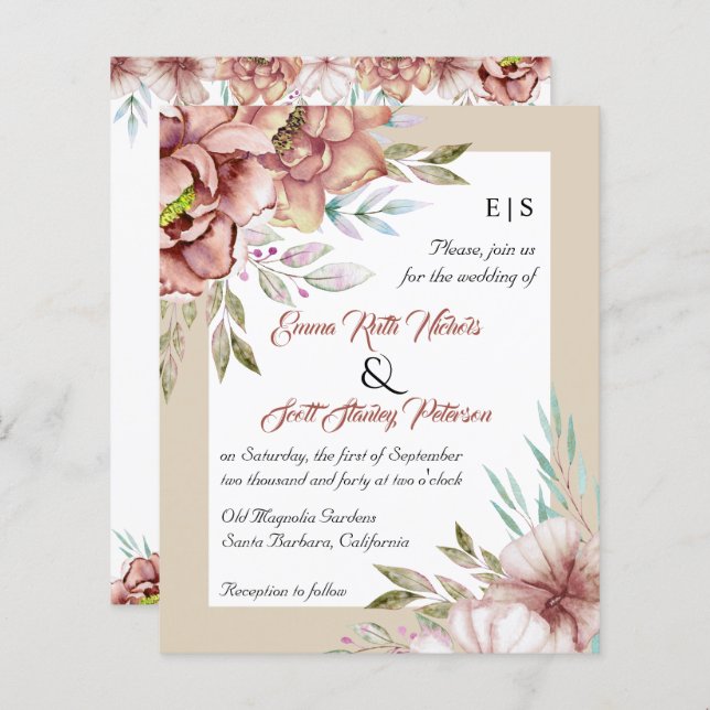 BUDGET terracotta flores Convite para casamento ou (Frente/Verso)