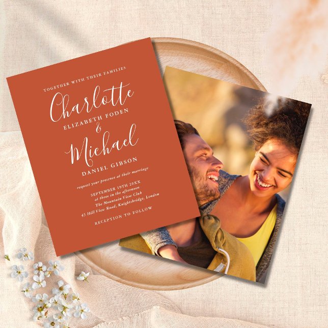 Budget Terracotta Script Photo Wedding Invitation (Criador carregado)