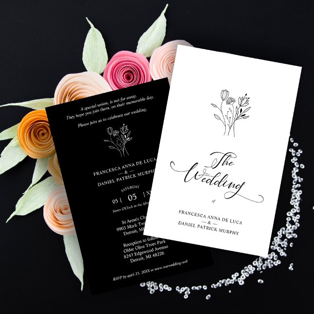 Budget Trendy Wildflowers Wedding Black & White (Criador carregado)