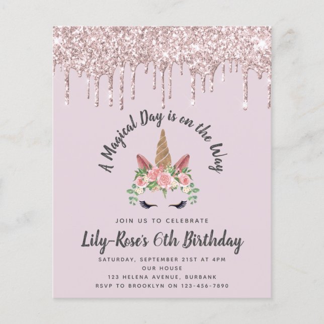 BUDGET Unicorn Face Glitter Convite de Aniversário (Frente)