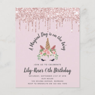 BUDGET Unicorn Face Glitter Convite de Aniversário