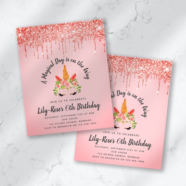 BUDGET Unicorn Face Glitter Convite de Aniversário (Criador carregado)