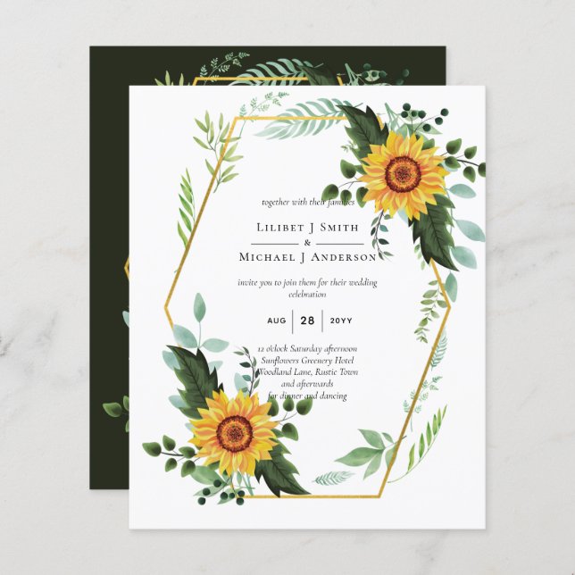 BUDGET Watercolor SUNFLOWERS Casamento verde (Frente/Verso)
