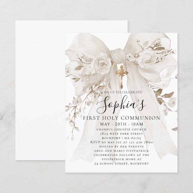 BUDGET White Bow Rose First Communion Invite (Frente/Verso)