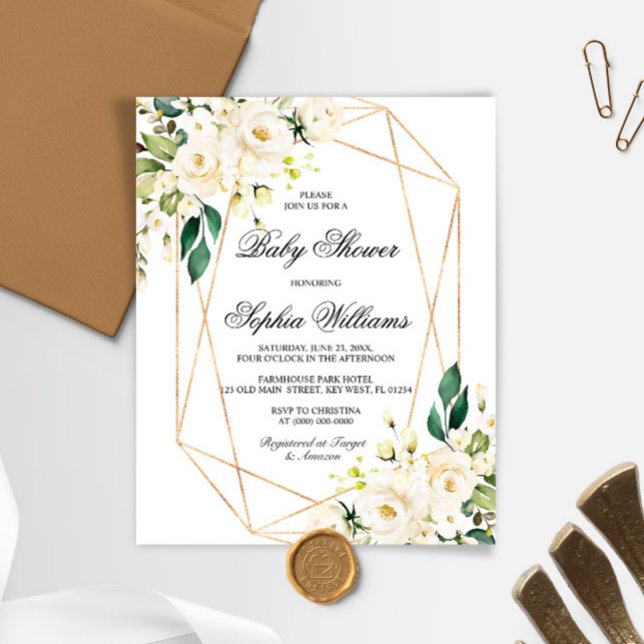 Budget White Rose & Green Baby Shower Invitation (Criador carregado)