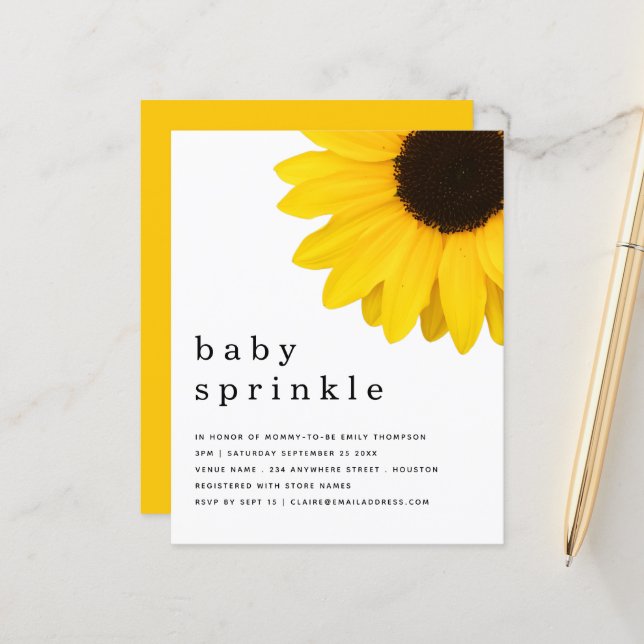 BUDGET Yellow Sunflower Baby Sprinkle Invite (Frente/Verso In Situ)