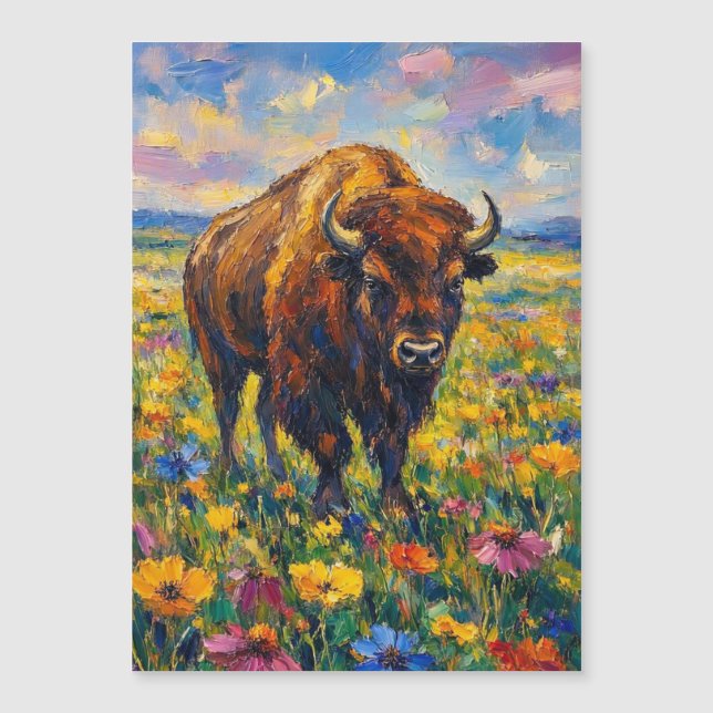 Búfalo no campo de flores silvestres pintura de ar (Frente)