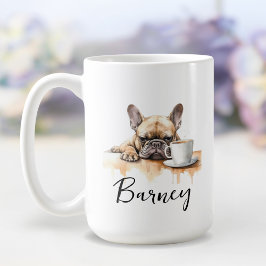 Buldogue francês com caneca de café, cão com atitu