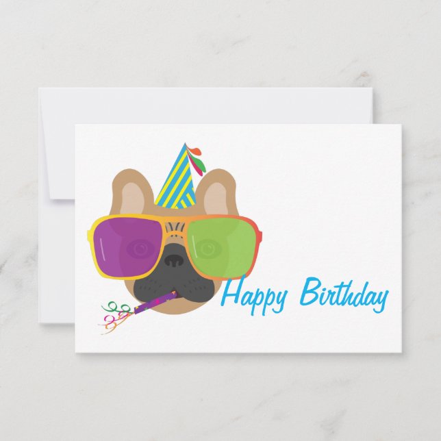 Buldogue francês com chapéu de festa e óculos de s (Frente)