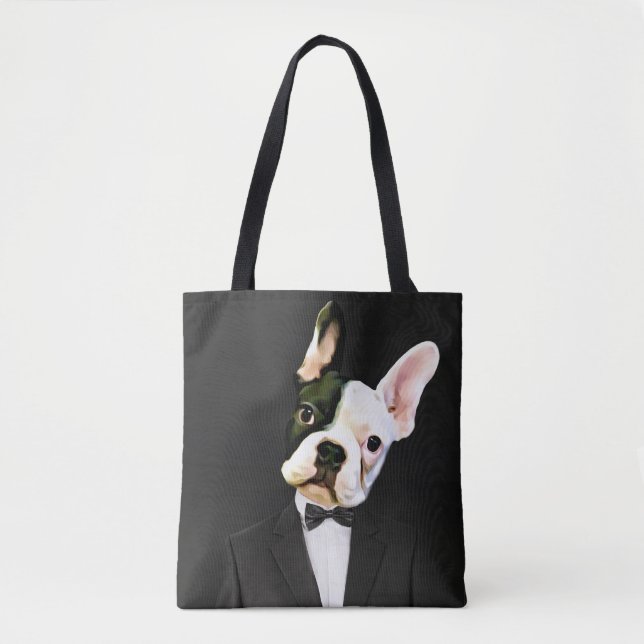 Buldogue francês em uma bolsa de Tuxedo Tote (Frente)