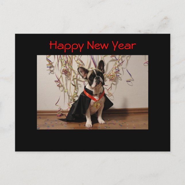 Bulldog francês cartão postal “Happy Year New " (Frente)