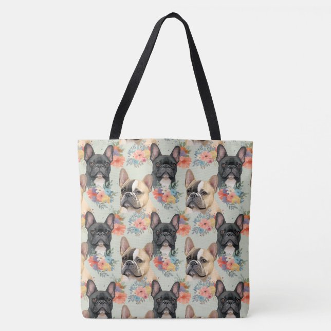 Bulldog Francês e Flores Tote Bag (Frente)