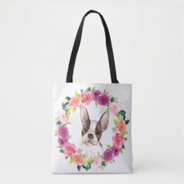 Bulldog Francês, Floral Wreath Tote Bag