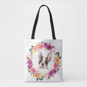 Bulldog Francês, Floral Wreath Tote Bag