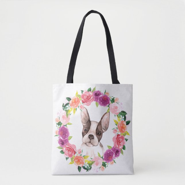Bulldog Francês, Floral Wreath Tote Bag (Frente)