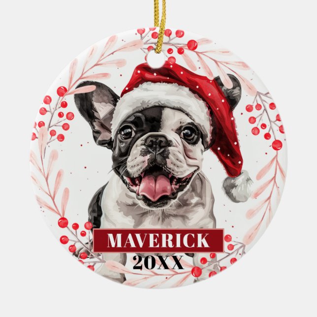 Bulldogue Francês com Chapéu de Natal Ornamento de (Frente)
