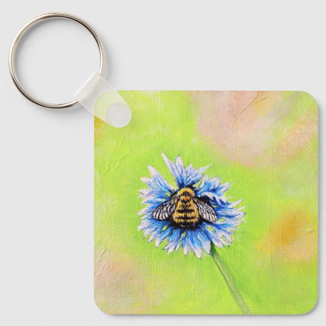 Bumble Bee em uma Chaveiro de pintura de flor (Frente)