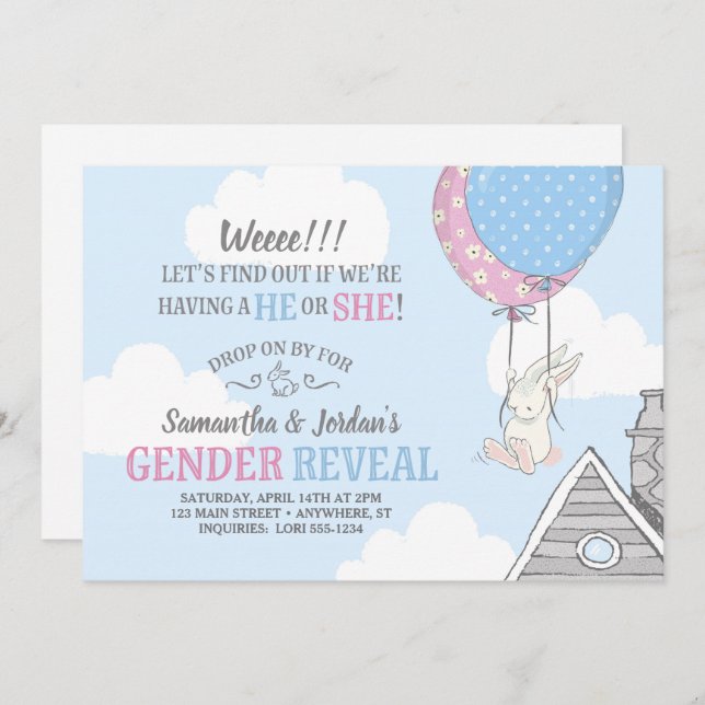 Bunny + Balões Gênero Revelar Convite (Frente/Verso)