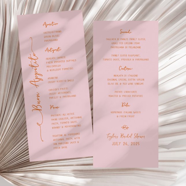 Buon Appetito Handwritten Pink Italian Menu (pink and orange "Buon Appetito" Italian bridal shower menu)