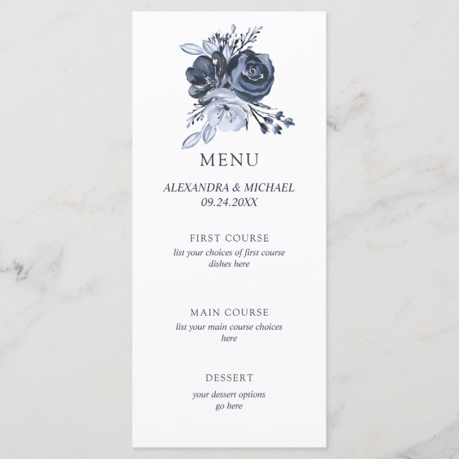 Buquê azul | Menu de Casamento Floral (Frente)