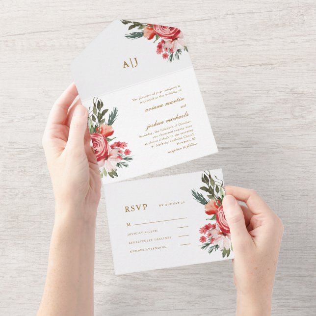 Buquê Boho com Rosas Casando Tudo em Um Convite (Aba destacável)