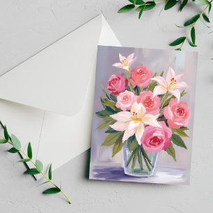 Buquê de Aquarela Floral Rosa Suave Cartão Elegant
