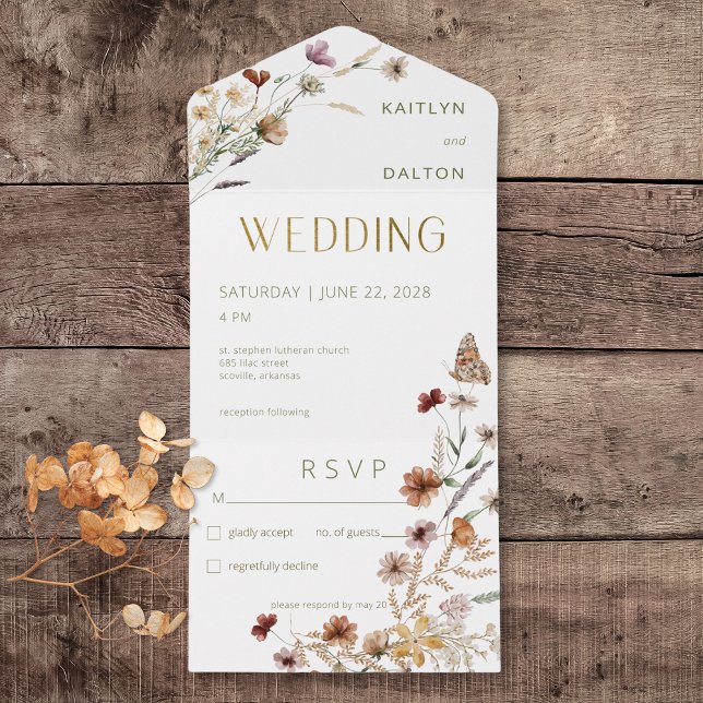 Buquê de flor branca moderna sem Janto (Modern White Wildflower Bouquet All In One Wedding Invitation without Dinner Options)