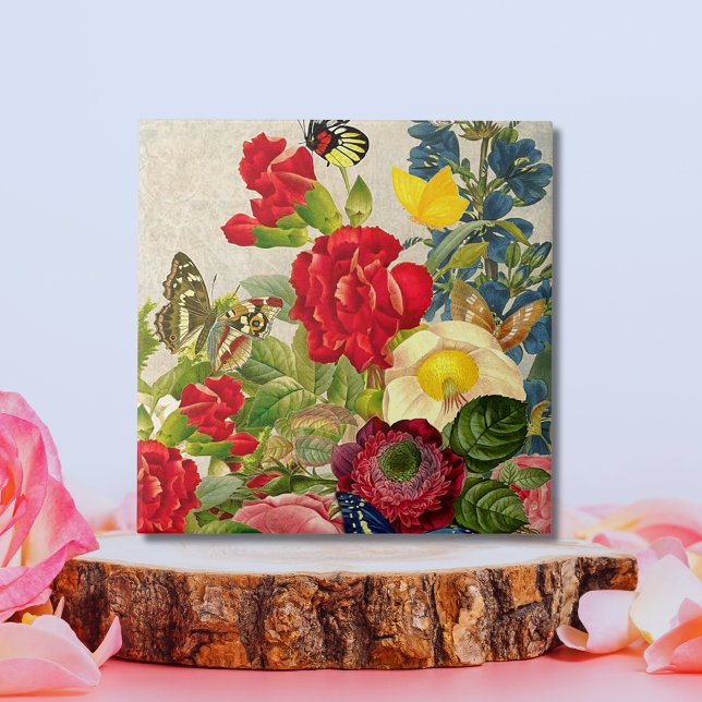 Buquê de Flor Vintage com Borboletas (Vintage Flower Bouquet with Butterflies Ceramic Large Tile)