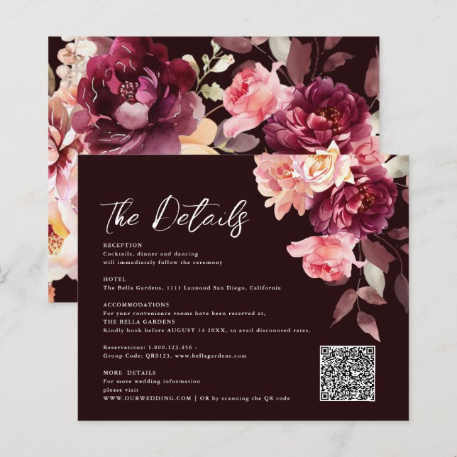 Buquê Floral Borgonha QR code Detalhes Casamento  (Frente/Verso)