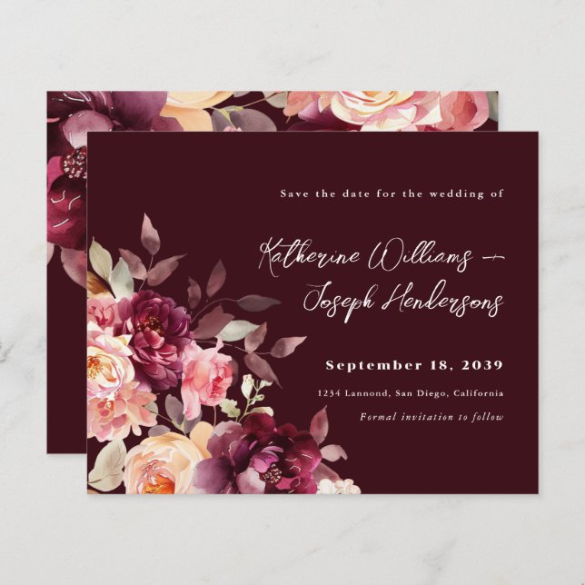 Buquê Floral Burgundy Casamento Salve a Data (Frente/Verso)